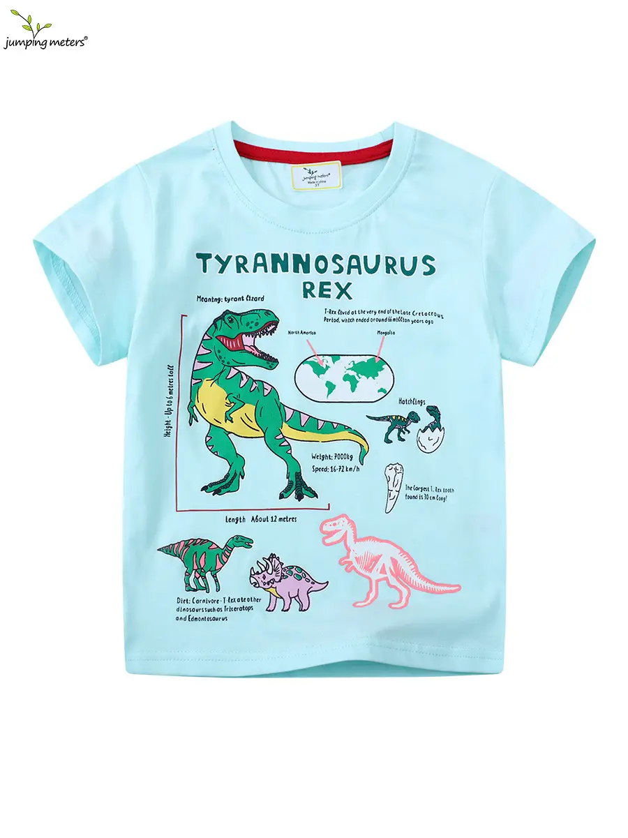 Boy's Cotton Dinosaur Shirt Light Blue Summer Round Neck - Image 6