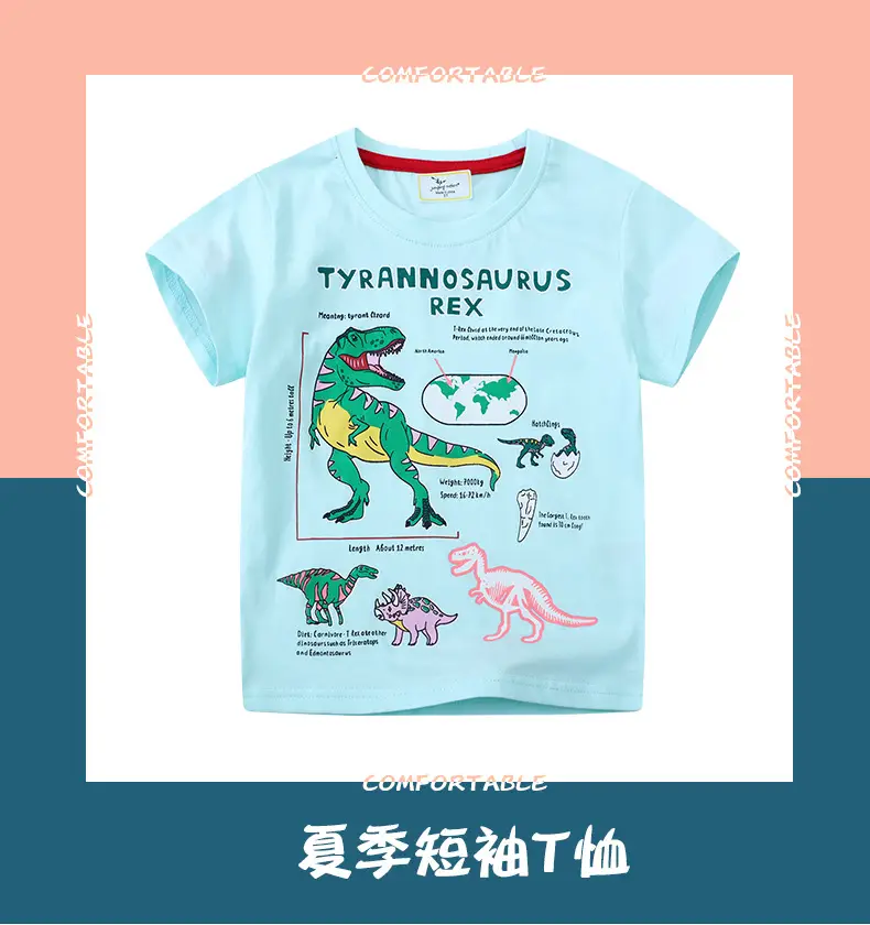 Boy's Cotton Dinosaur Shirt Light Blue Summer Round Neck — feature 2