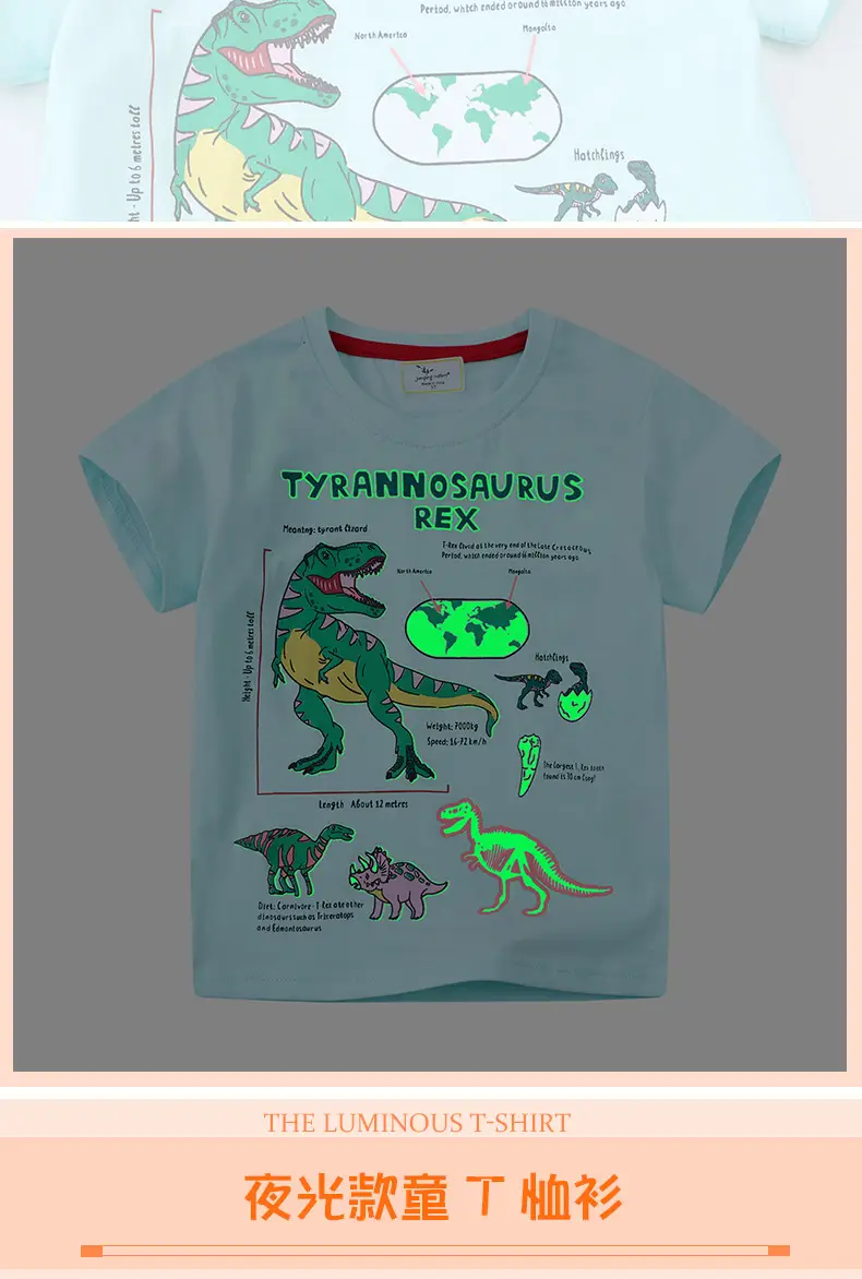 Boy's Cotton Dinosaur Shirt Light Blue Summer Round Neck — feature 3