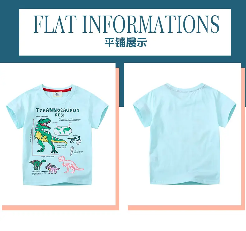 Boy's Cotton Dinosaur Shirt Light Blue Summer Round Neck — feature 4