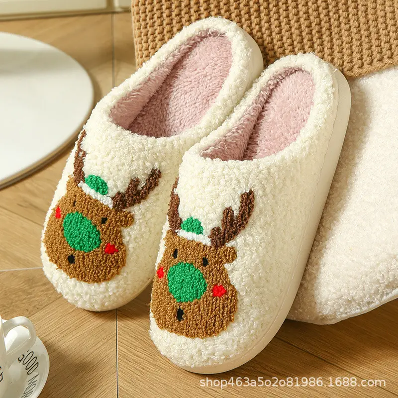 Elk Christmas Cotton Slippers for Women and Couples, Autumn and Winter Cross-Border Foreign Trade, Fleece-Lined, Warm Indoor Home Plush Slippers for Men - Image 2