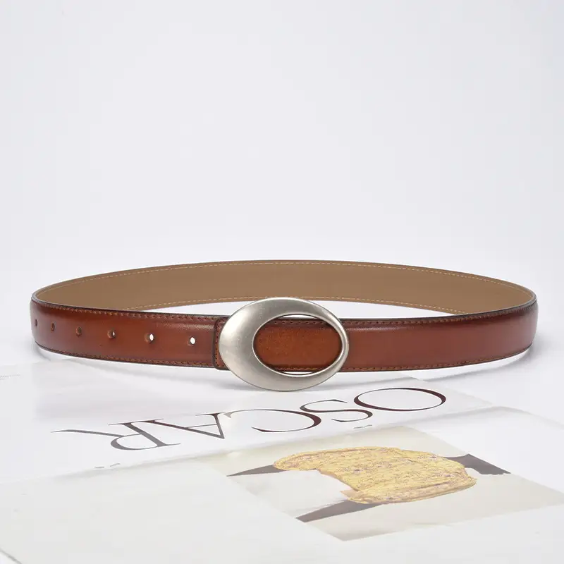 White Slim Fit Oval Buckle Belt for Men Women - Image 15