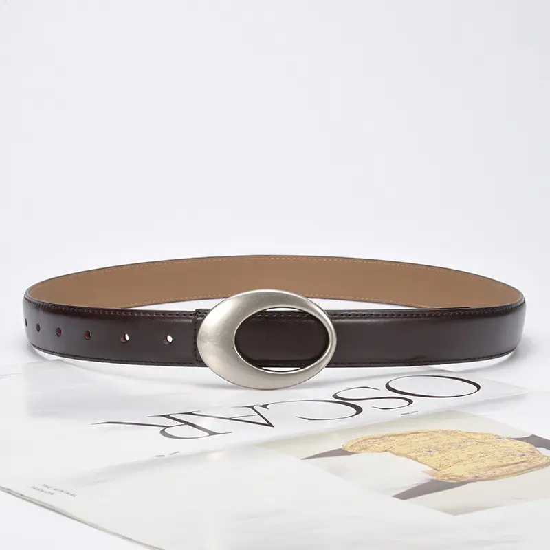 White Slim Fit Oval Buckle Belt for Men Women - Image 16