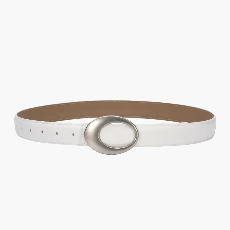 White Slim Fit Oval Buckle Belt for Men Women - Image 7