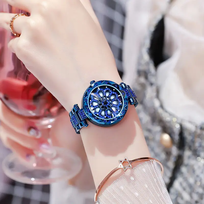 Blue Snowflake Women's Running Watch with Diamond Strap