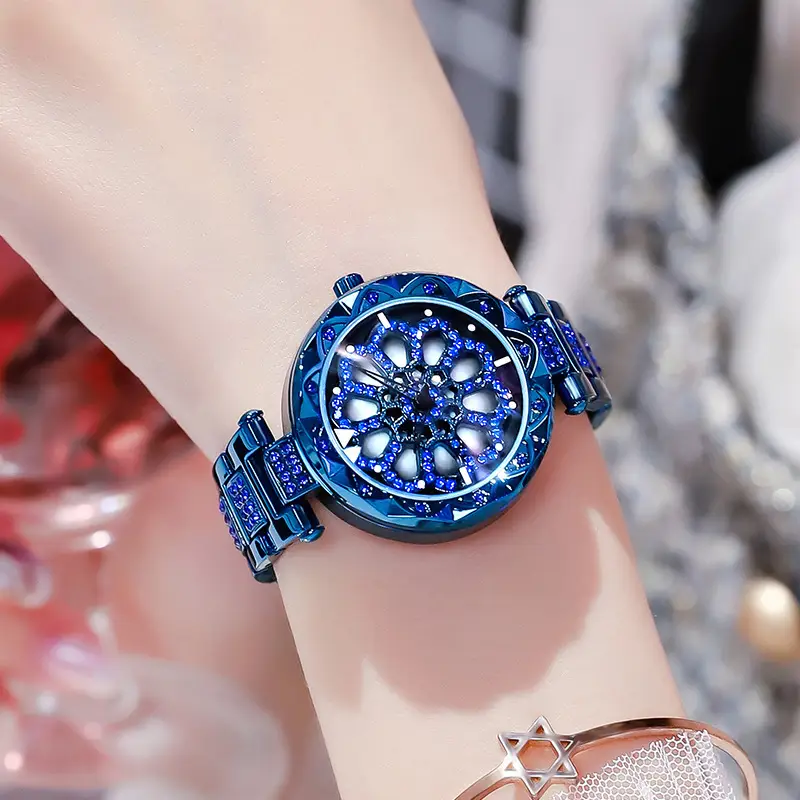Blue Snowflake Women's Running Watch with Diamond Strap