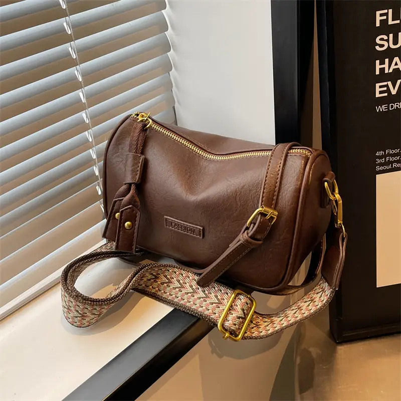 Women's Brown Leather Messenger Bag with Gold Plated Handles - Image 7