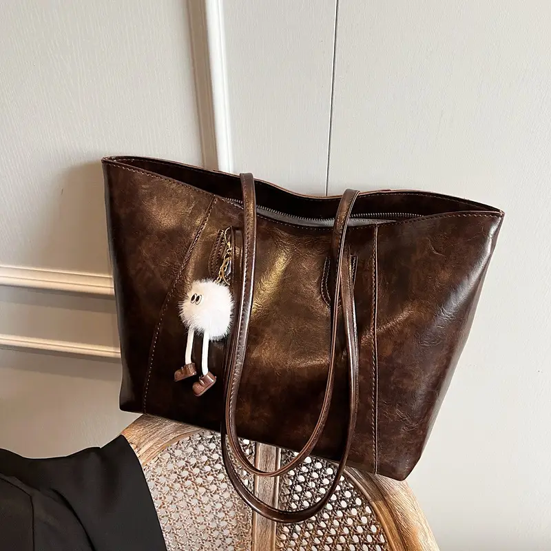 Women's Winter Tote Bag Brown Large Capacity Retro Shoulder Bag