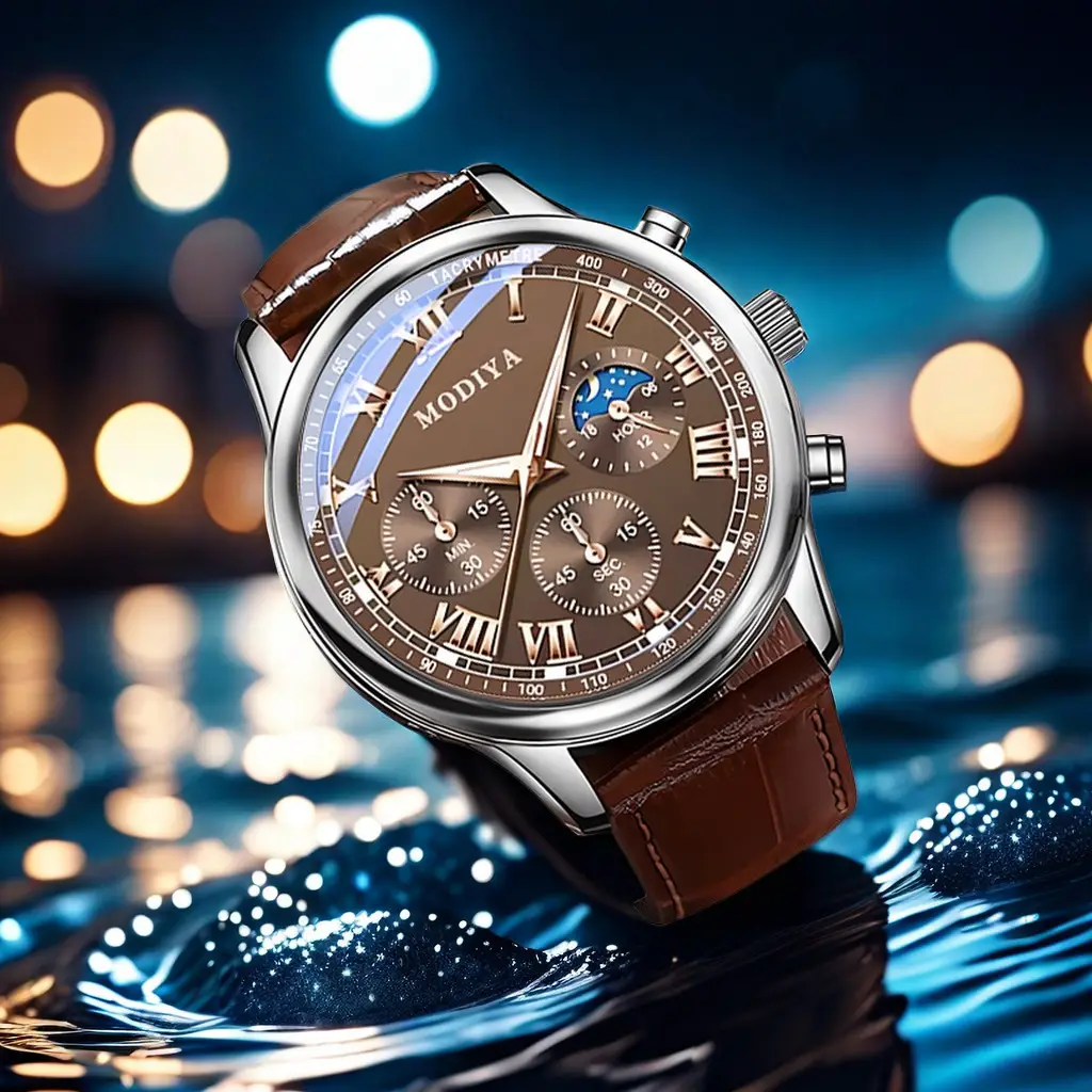 Men's Chronograph Watch Black Leather Band Quartz Movement - Image 4