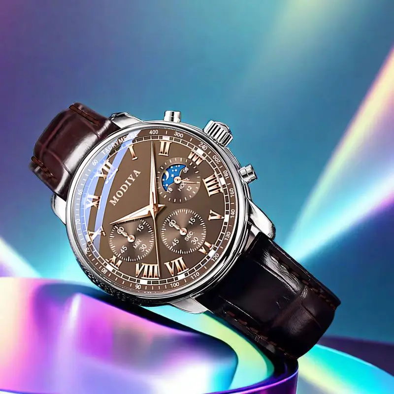Men's Chronograph Watch Black Leather Band Quartz Movement — feature 2