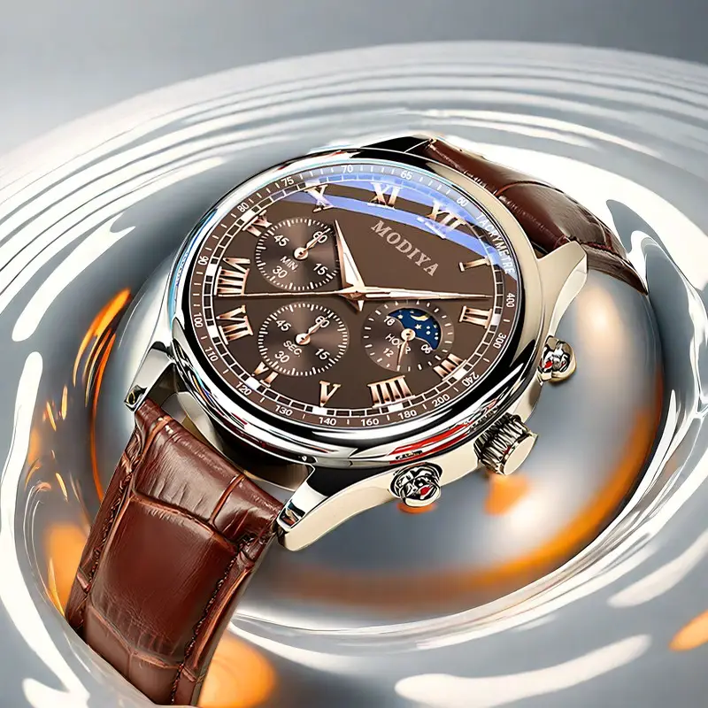 Men's Chronograph Watch Black Leather Band Quartz Movement — feature 6