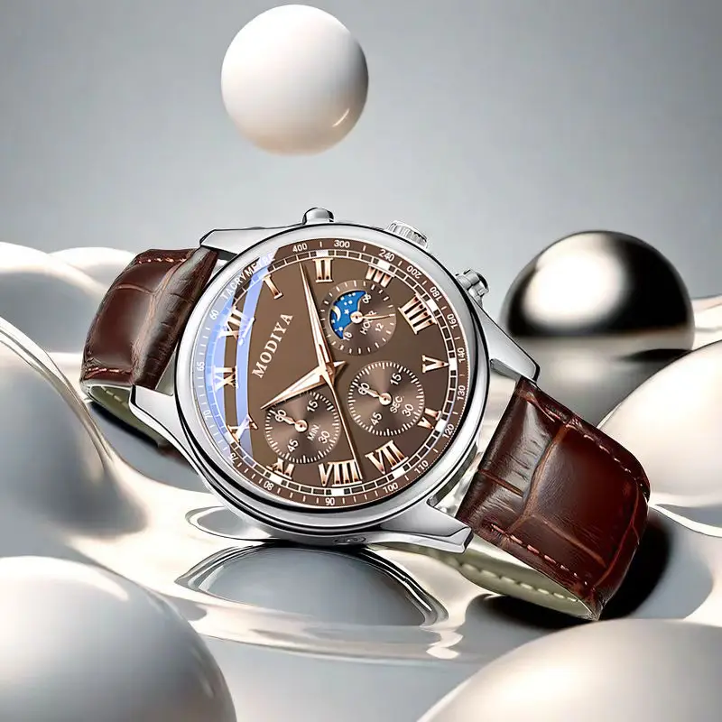 Men's Chronograph Watch Black Leather Band Quartz Movement — feature 7