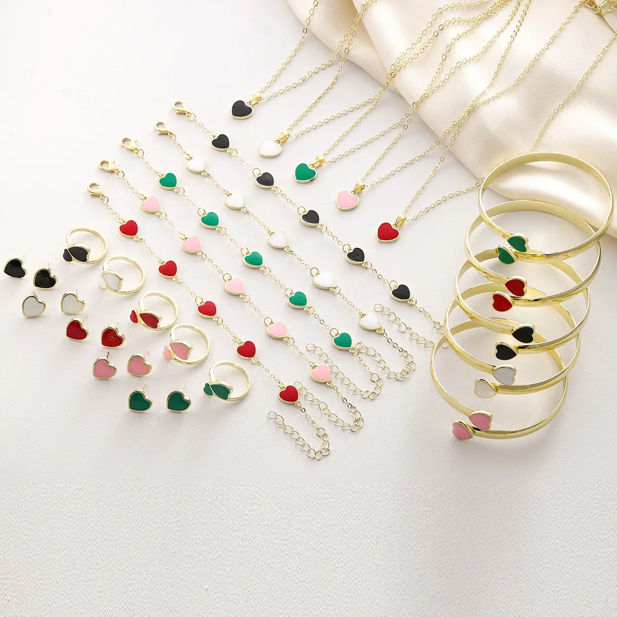 Red Heart Bracelet Earrings Necklace Set Gold Plated