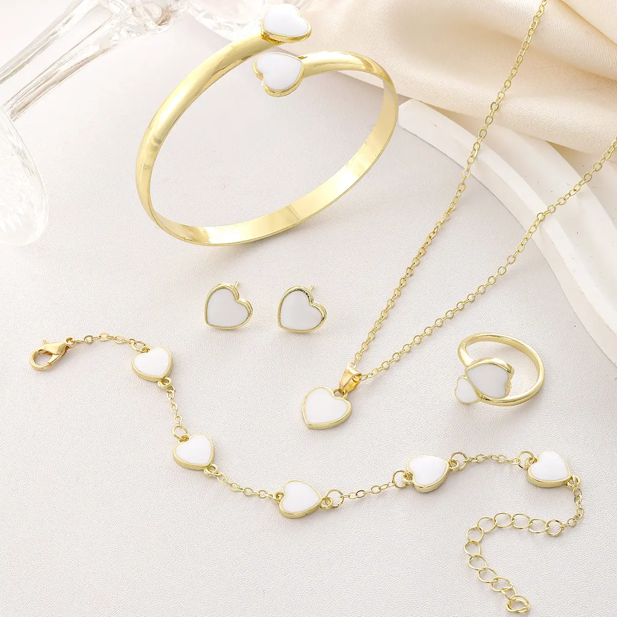 Red Heart Bracelet Earrings Necklace Set Gold Plated