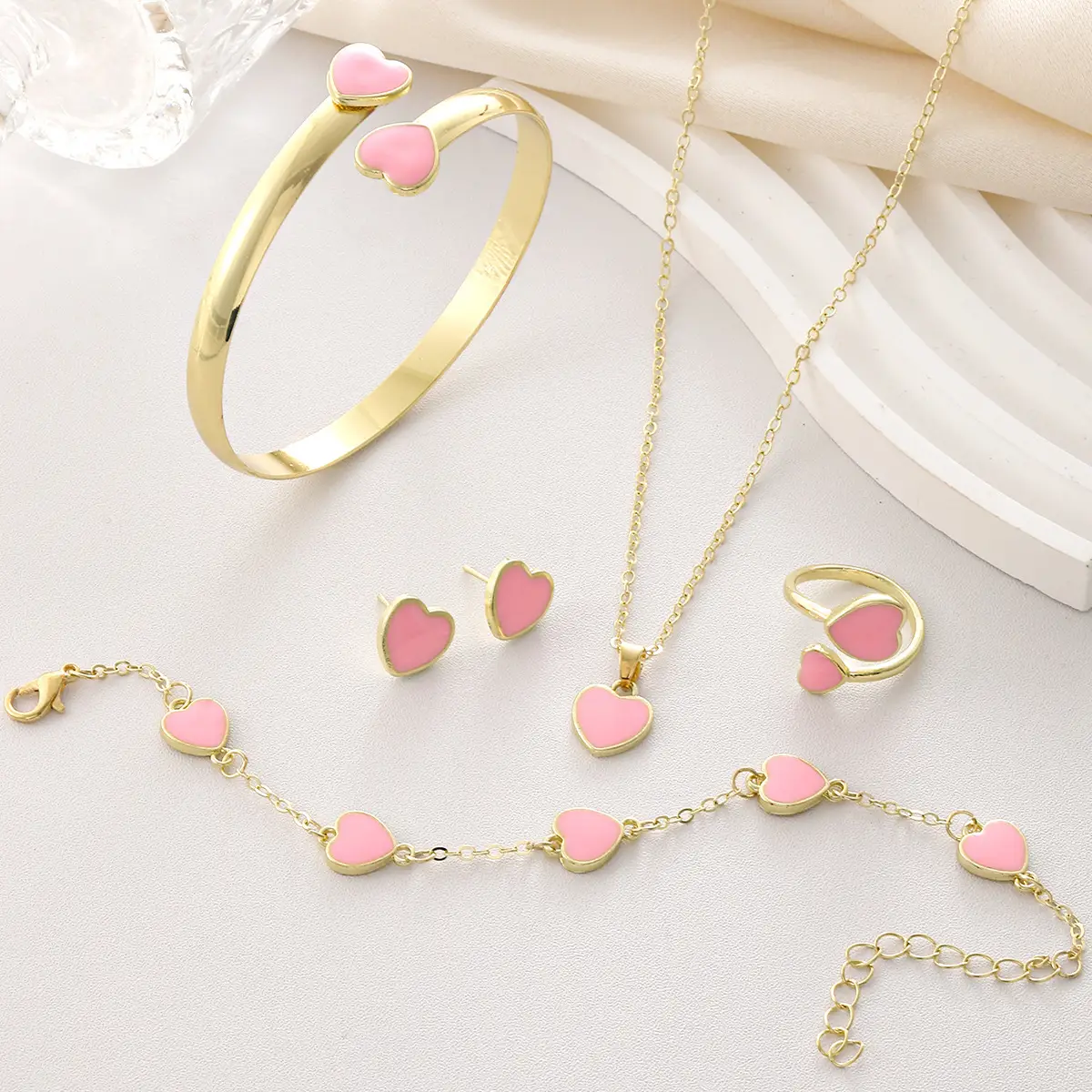 Red Heart Bracelet Earrings Necklace Set Gold Plated