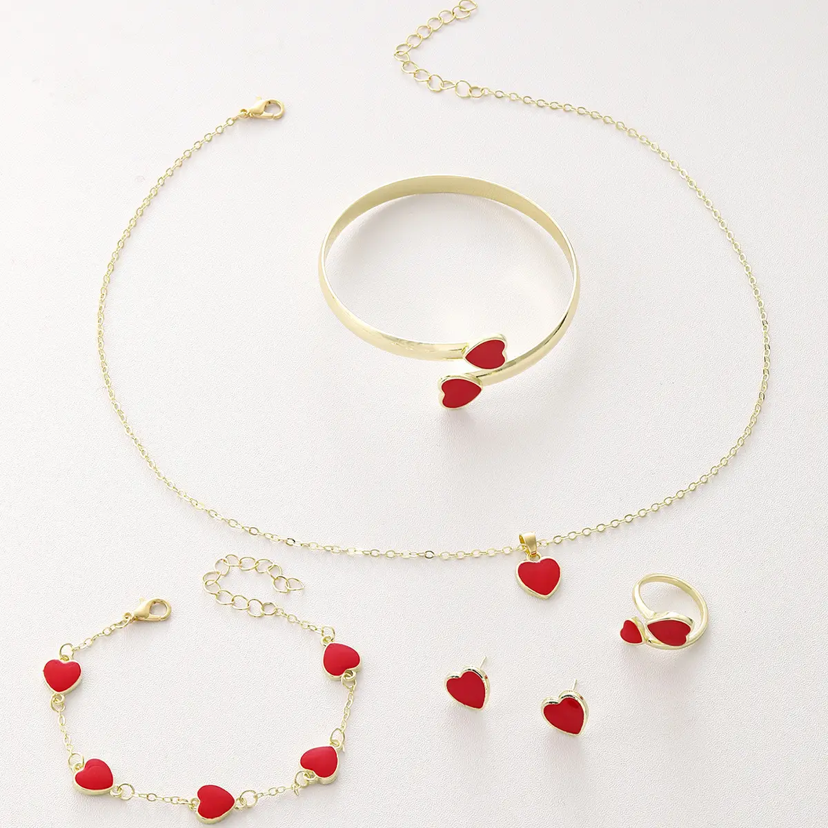 Red Heart Bracelet Earrings Necklace Set Gold Plated
