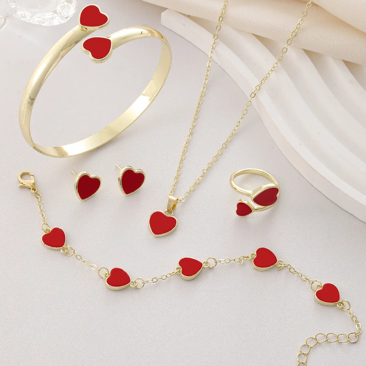 Red Heart Bracelet Earrings Necklace Set Gold Plated