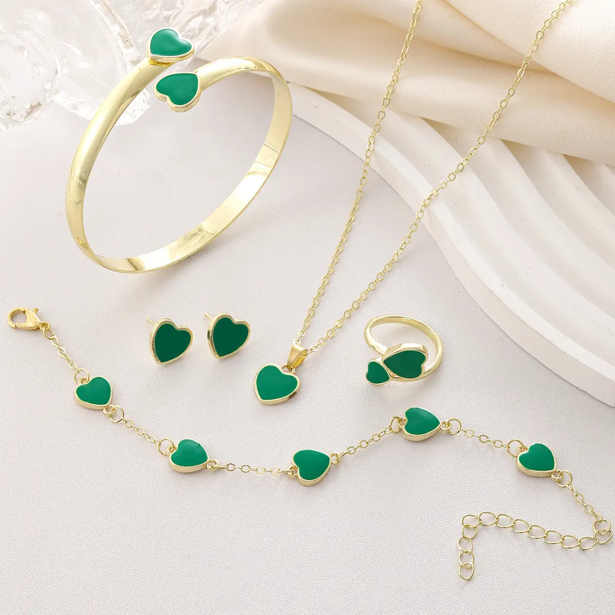 Red Heart Bracelet Earrings Necklace Set Gold Plated