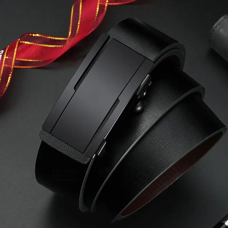 Black Leather Belt with Automatic Buckle for Men
