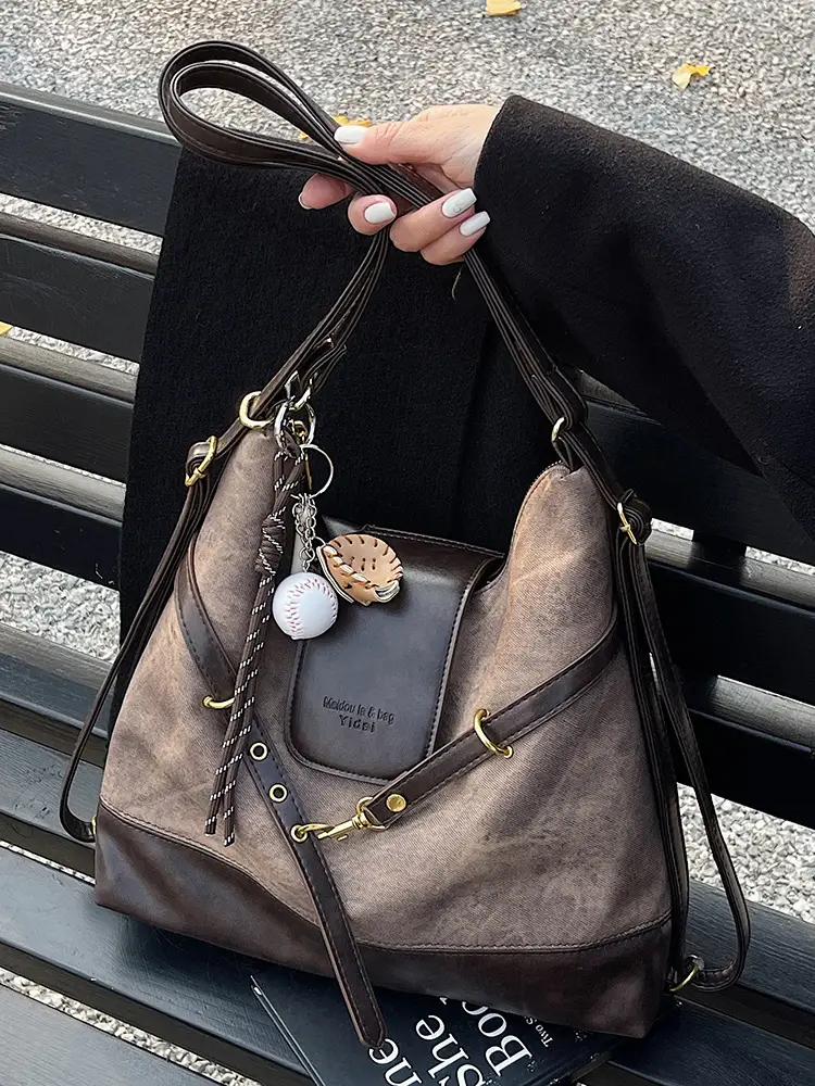 Women Retro Style Shoulder Tote Bag Beige Brown - Image 5