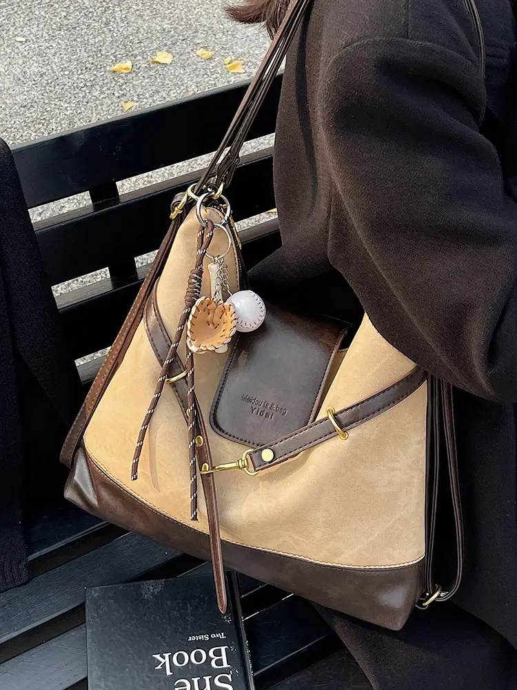 Women Retro Style Shoulder Tote Bag Beige Brown - Image 7