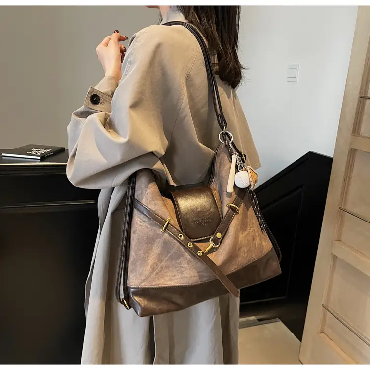 Women Retro Style Shoulder Tote Bag Beige Brown — feature 34