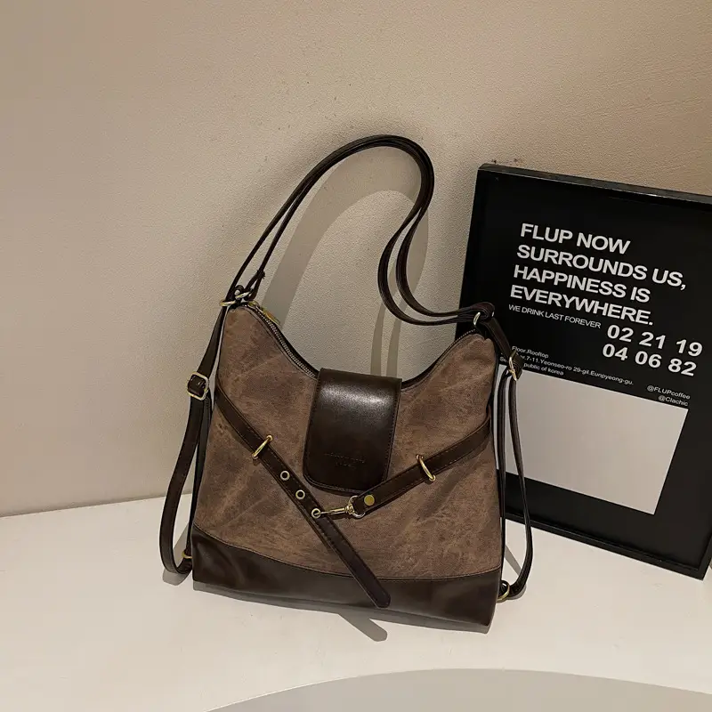 Women Retro Style Shoulder Tote Bag Beige Brown - Image 2