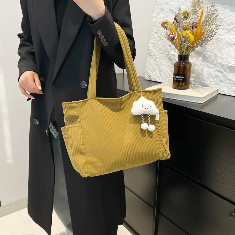Women's Striped Velvet Shoulder Bag Autumn Winter Vintage Corduroy Large Capacity - Image 10