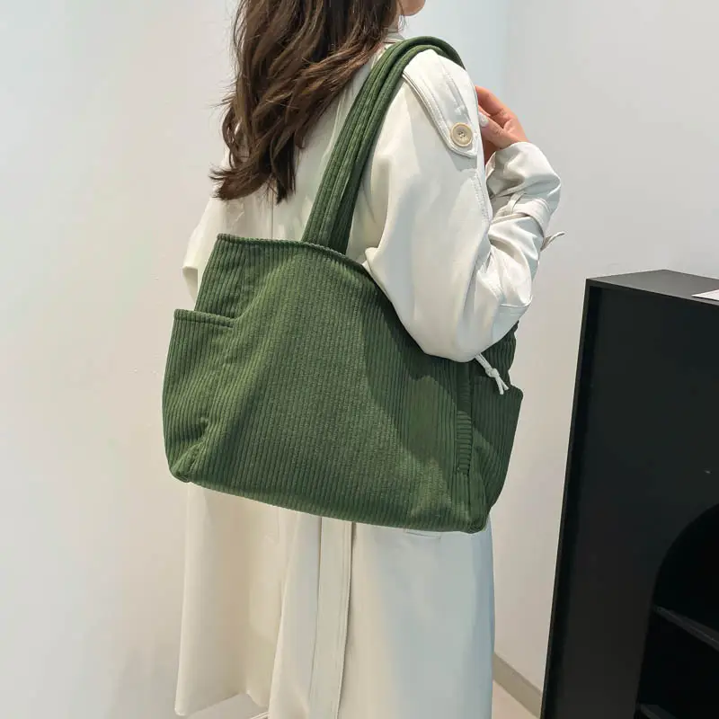 Women's Striped Velvet Shoulder Bag Autumn Winter Vintage Corduroy Large Capacity - Image 11