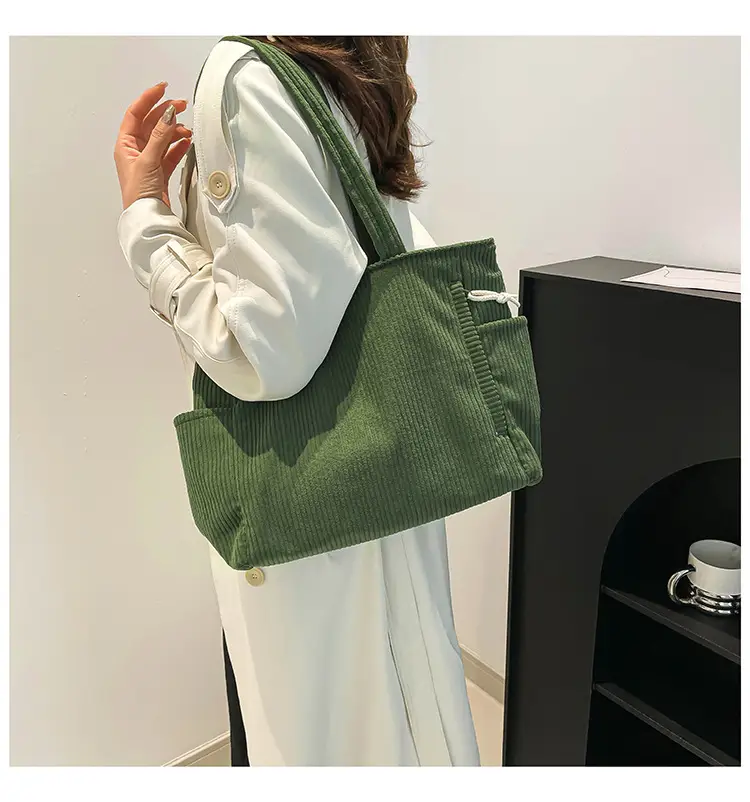 Women's Striped Velvet Shoulder Bag Autumn Winter Vintage Corduroy Large Capacity — feature 26