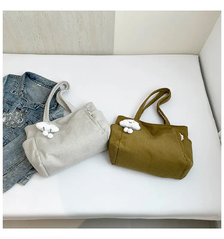 Women's Striped Velvet Shoulder Bag Autumn Winter Vintage Corduroy Large Capacity — feature 31