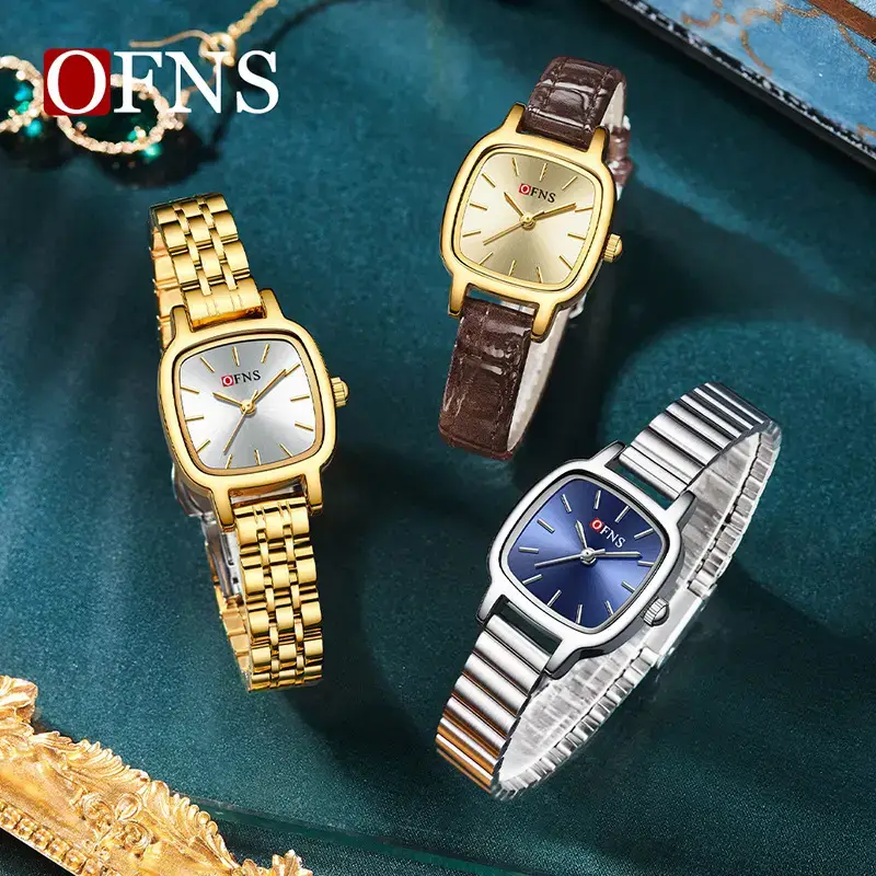 Ofns Gold Quartz Women's Watch Black Leather Band - Image 9