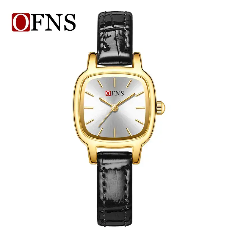 Ofns Gold Quartz Women's Watch Black Leather Band - Image 3