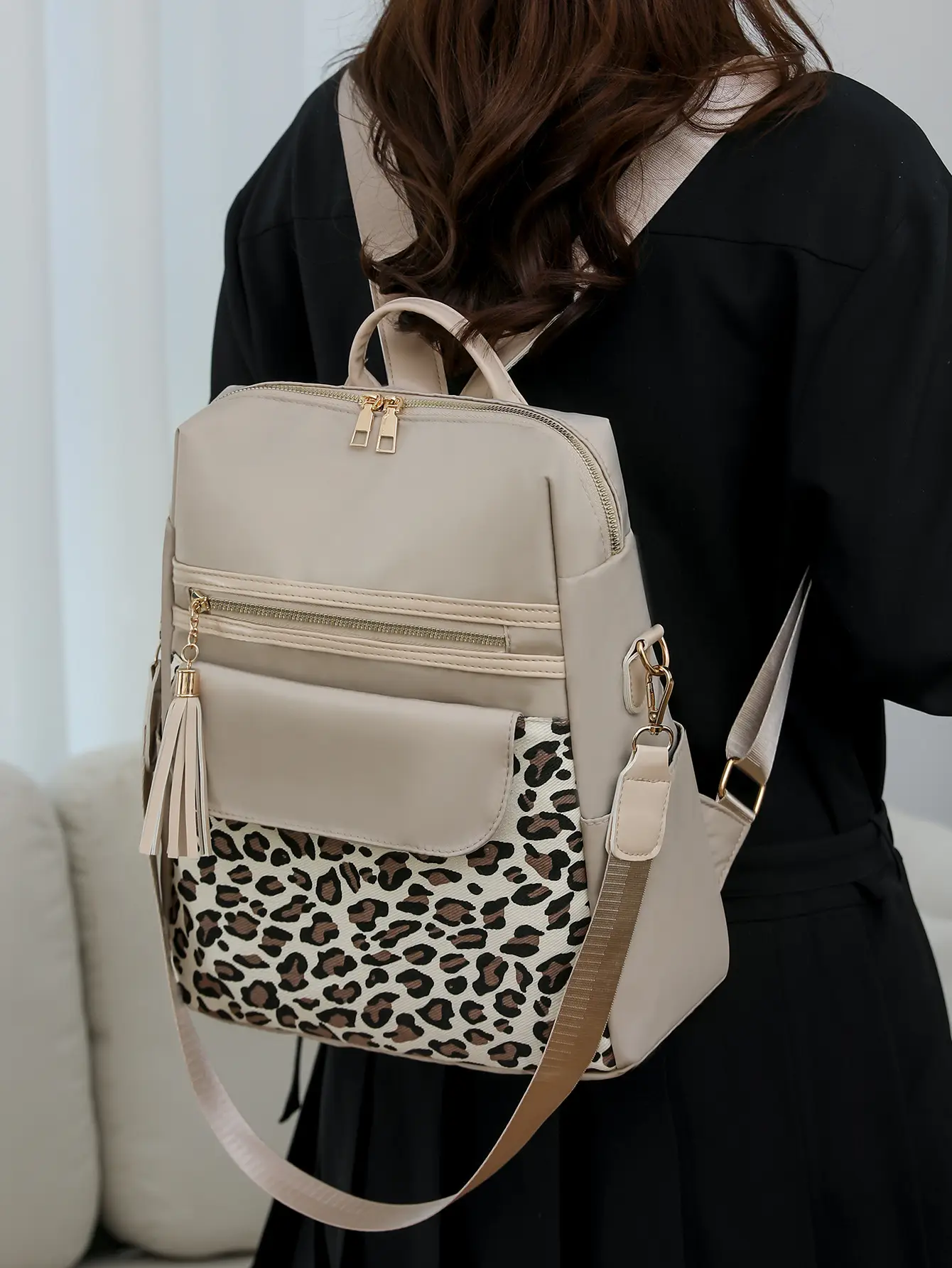 Women's Leopard Print Oxford Backpack Brown Large Capacity - Image 7