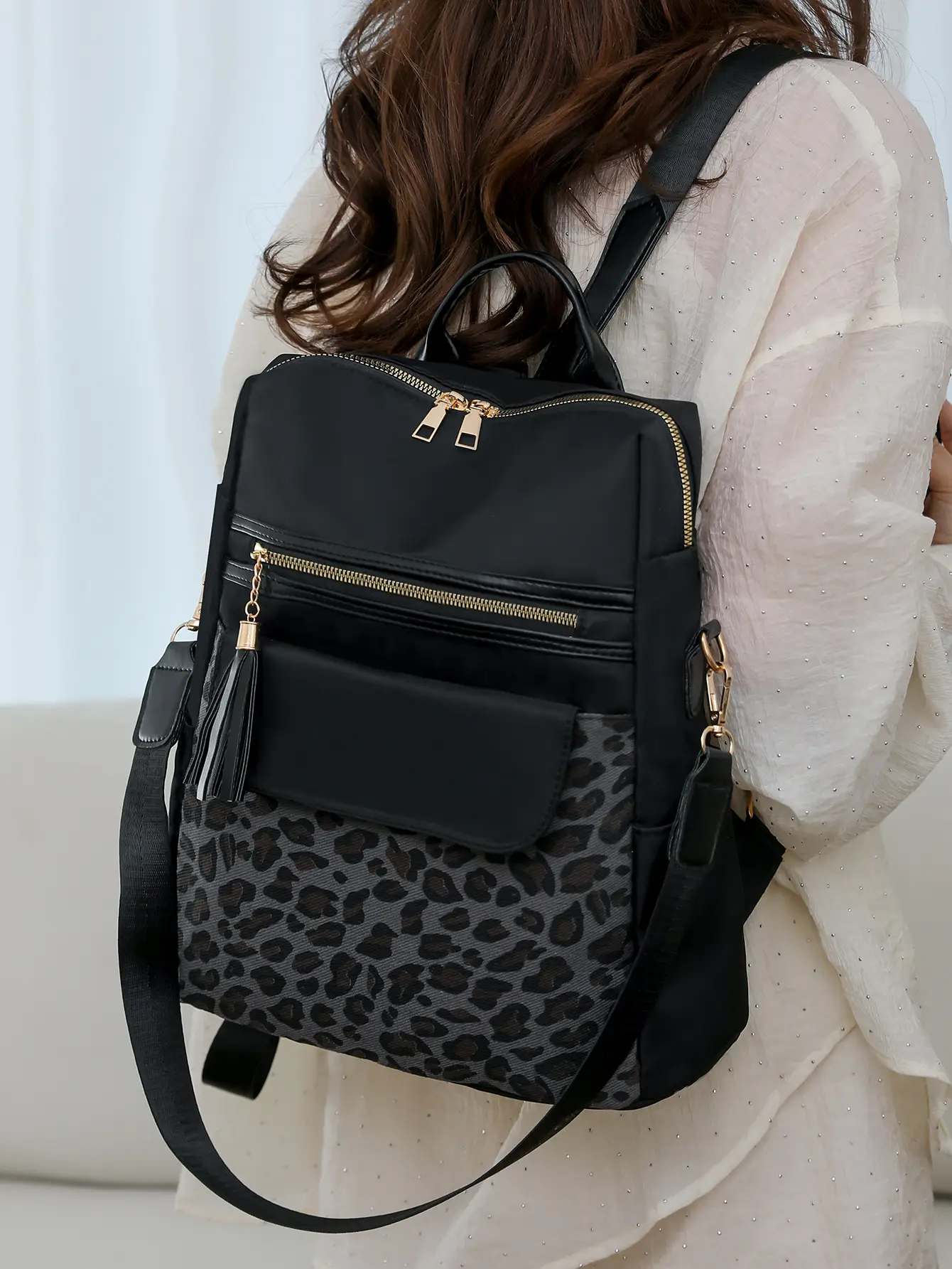 Women's Leopard Print Oxford Backpack Brown Large Capacity - Image 8