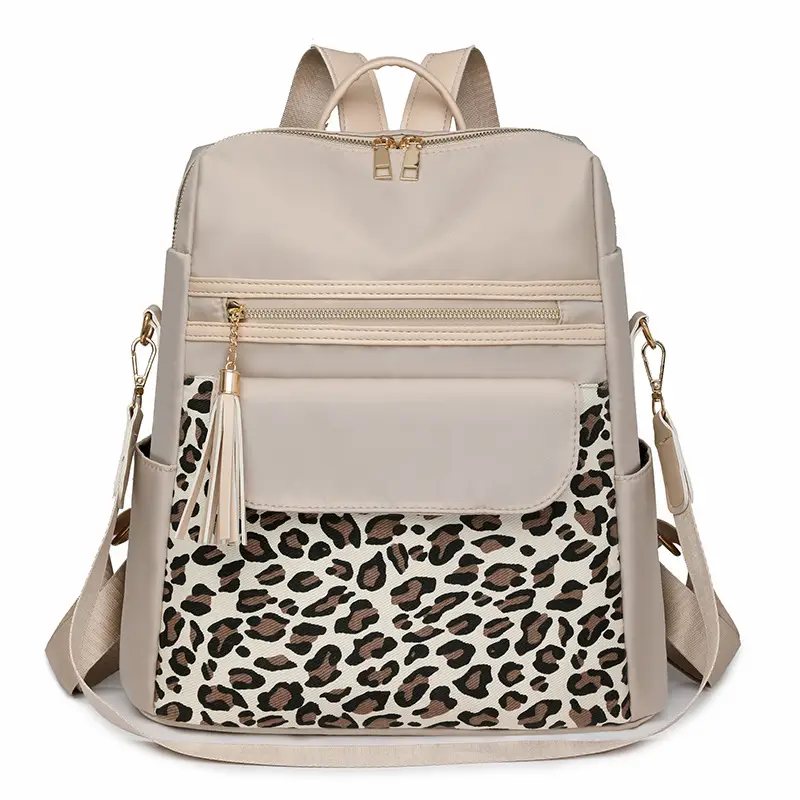 Women's Leopard Print Oxford Backpack Brown Large Capacity - Image 2