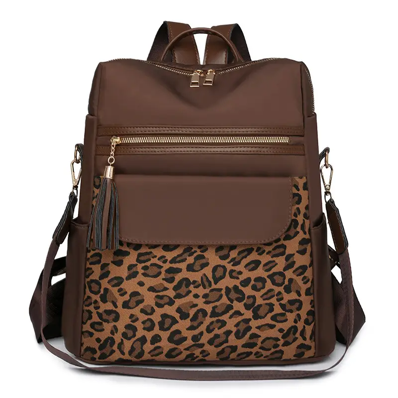 Women's Leopard Print Oxford Backpack Brown Large Capacity - Image 3