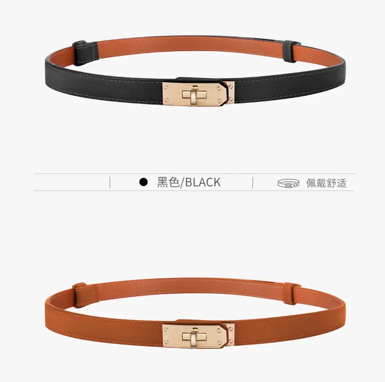 Women's Black Leather Belt with Gold Buckle — feature 11