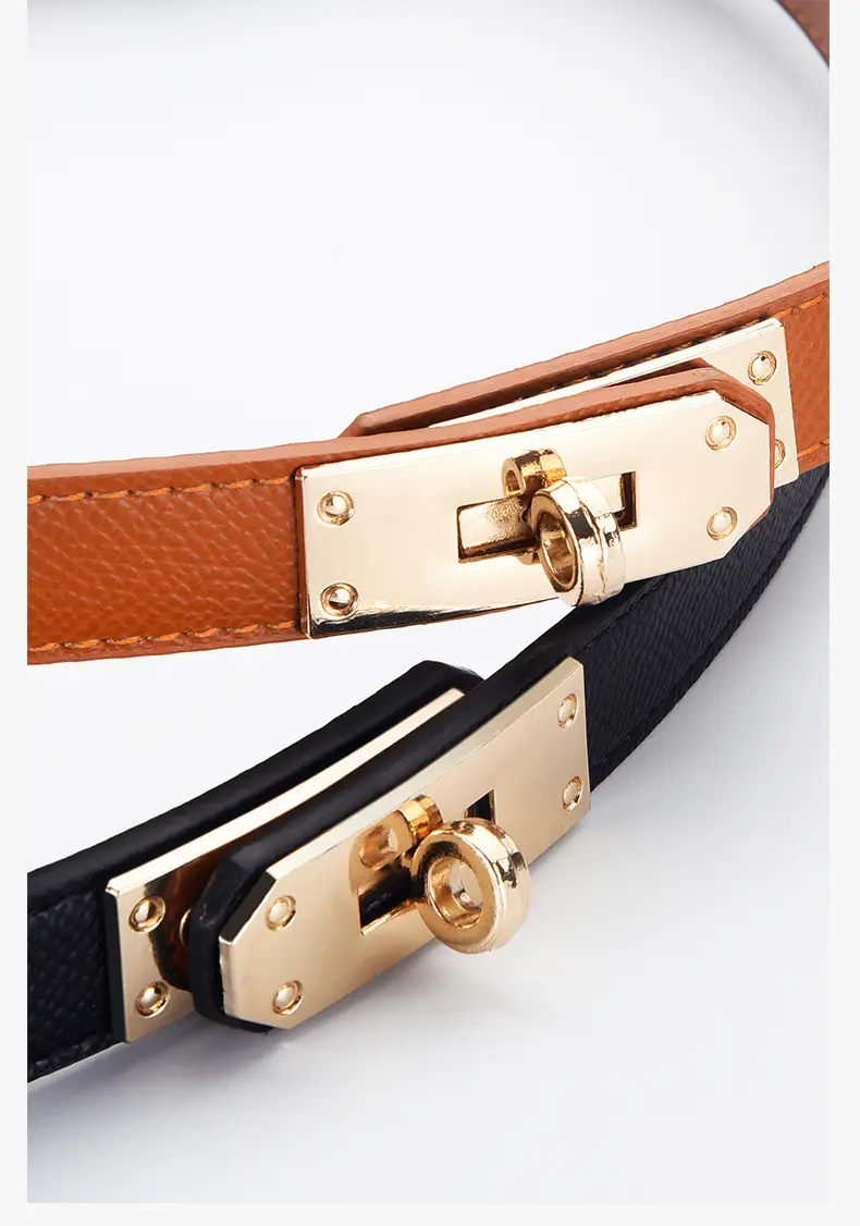 Women's Black Leather Belt with Gold Buckle — feature 17
