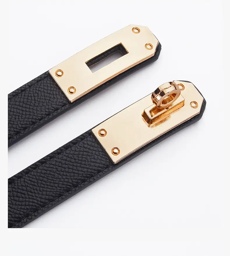 Women's Black Leather Belt with Gold Buckle — feature 18