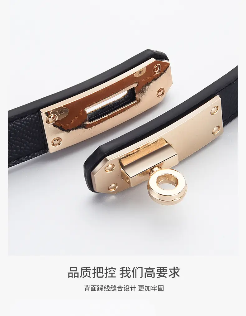Women's Black Leather Belt with Gold Buckle — feature 19