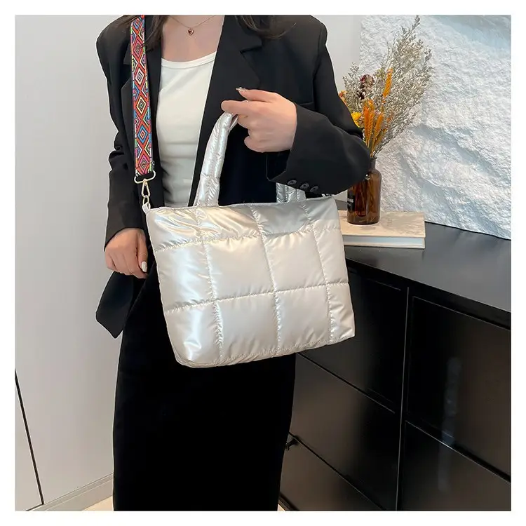 2024 Women's Black Puffer Tote Bag with Embroidered Strap - Image 6