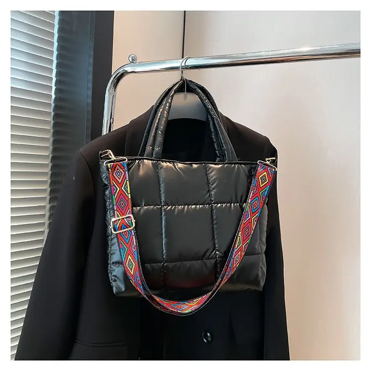2024 Women's Black Puffer Tote Bag with Embroidered Strap - Image 7