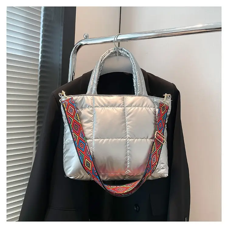 2024 Women's Black Puffer Tote Bag with Embroidered Strap - Image 8
