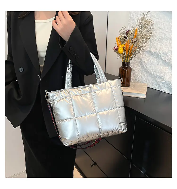 2024 Women's Black Puffer Tote Bag with Embroidered Strap — feature 15