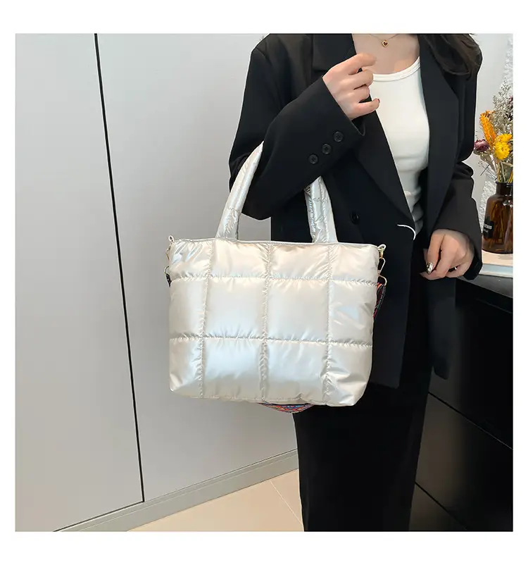 2024 Women's Black Puffer Tote Bag with Embroidered Strap — feature 19