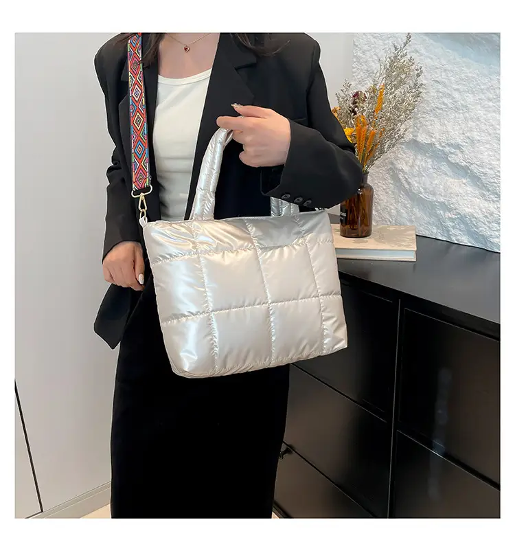 2024 Women's Black Puffer Tote Bag with Embroidered Strap — feature 23