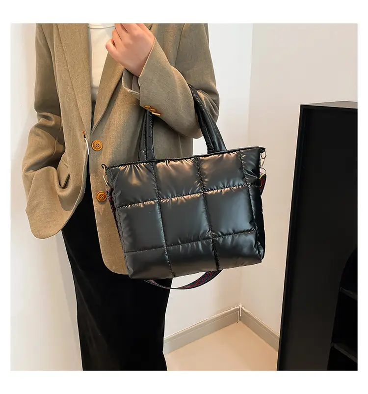 2024 Women's Black Puffer Tote Bag with Embroidered Strap — feature 30