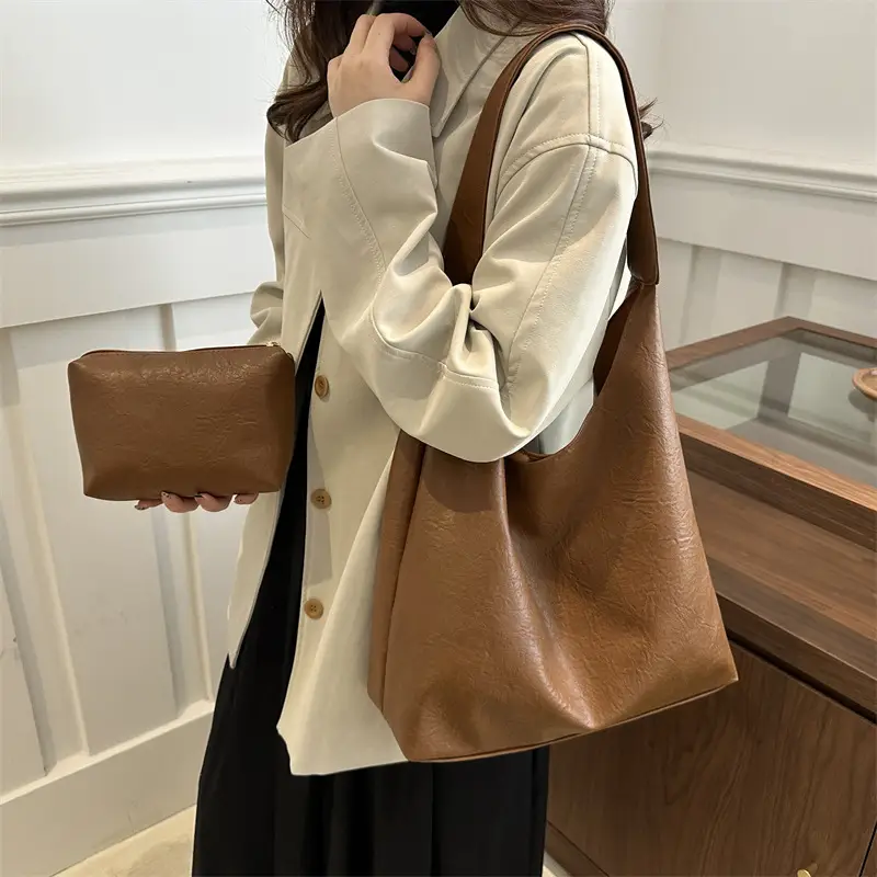 Brown Oily Leather Large Tote Bag - Image 6