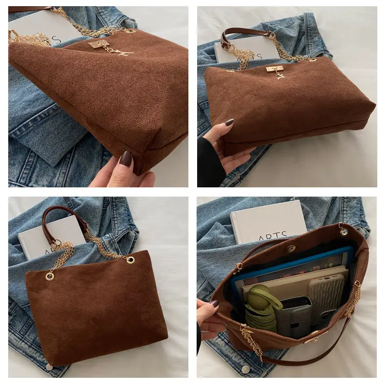 Vintage Textured Chain Shoulder Bag Women Brown 2024 Winter — feature 9